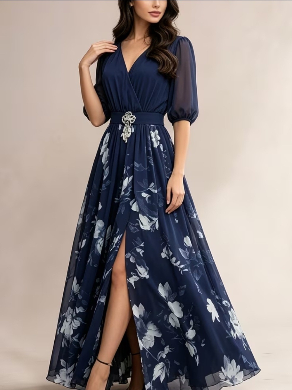 Elegant Navy Floral V-Neck Maxi Dress